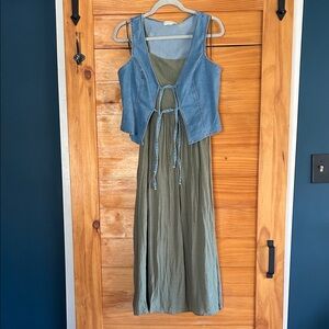 Olive Green Maxi Dress with Denim Vest Overlay